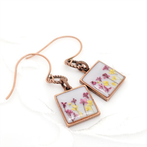 Antique-Copper-Square-Earrings-with-Tiny-Pink-and-Yellow-Flowers-2