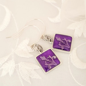 Antique-Silver-Square-Earrings-with-Purple-Resin