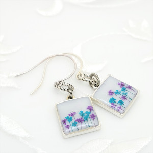 Antique-Silver-Square-Earrings-with-Tiny-Blue-and-Purple-flowers-2