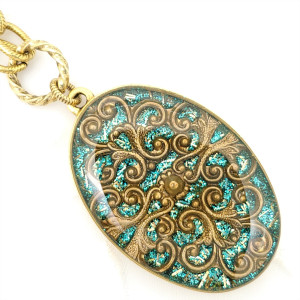 Antique-Gold-Large-Oval-Pendant-Necklace-with-Blue-Glitter-and-Brass-Filigree1