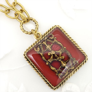 Antique-Gold-Large-Square-Pendant-Necklace-with-Red-Resin-and-Filigree-1