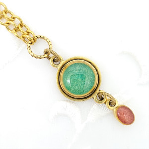 Antique-Gold-Round-Double-Pendant-Necklace-with-Green-Pearlized-Resin-1