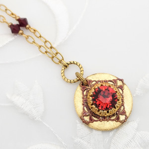 Antique-Gold-Round-Flat-Pendant-Necklace-with-Colored-Filigree-and-Red-Swarovski-Crystal-1
