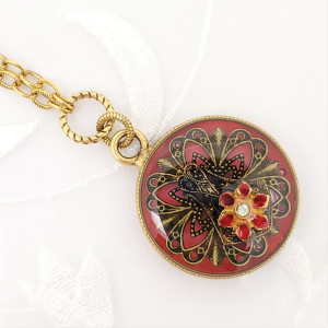 Antique-Gold-Round-Pendant-Necklace-with-Transparent-Red-Resin-Filigrees-and-Vintage-Flower-1
