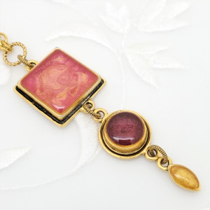 Antique-Gold-Triple-Pendant-Necklace-with-Pearlized-Pink-Gold-and-Burgundy-Resin-1