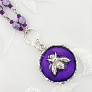 Antique-Silver-Bee-Pendant-Necklace-with-Purple-Resin-and-Hand-Linked-Beaded-Chain-1