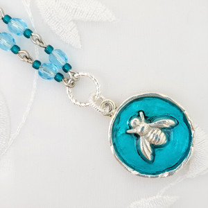 Antique-Silver-Bee-Pendant-Necklace-with-Sky-Blue-Resin-and-Handlinked-Beaded-Chain-1