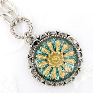 Antique-Silver-Ornate-Round-Pendant-Necklace-with-Brass-Flower-and-Turquoise-Glitter-1