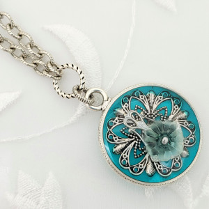 Antique-Silver-Round-Pendant-Necklace-with-Transparent-Blue-Resin-Filigrees-and-Flower-1